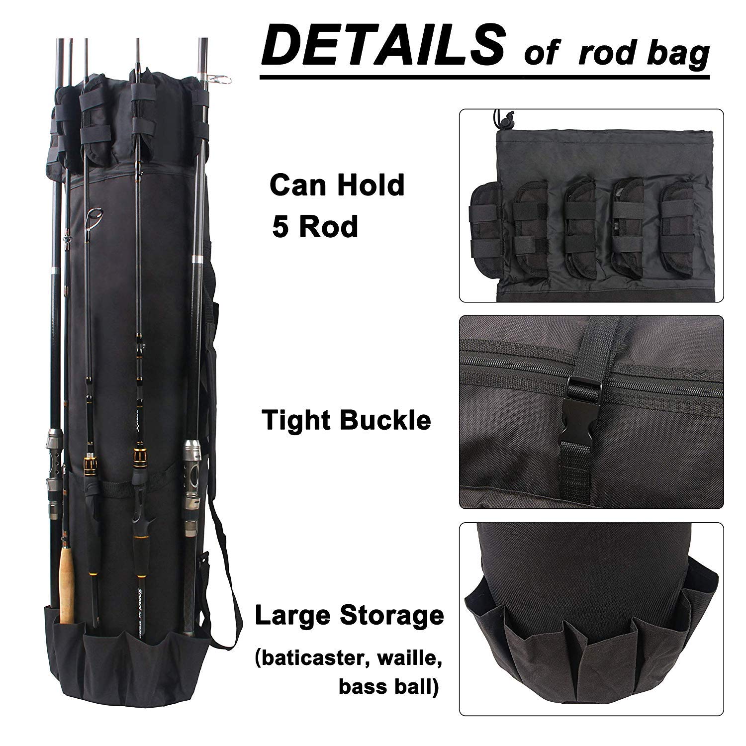 Fishing Pole Bag with Rod Holder Fishing Rod Bag Carrier Case 5 Poles Waterproof Travel Case Fishing Tackle Box Storage Bag Durable Fishing Gear Organizer Fishing Gift for Men (Black)