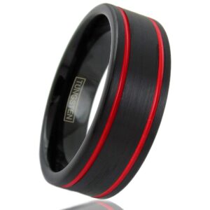 engraved personalized 8mm flat brushed satin finish black tungsten carbide band ring w/two fire engine red enamel racing stripes. (9.5)