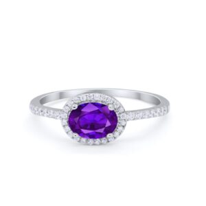 Blue Apple Co. Sideways Halo Oval Engagement Ring Round Simulated Amethyst Cubic Zirconia 925 Sterling Silver Size-8