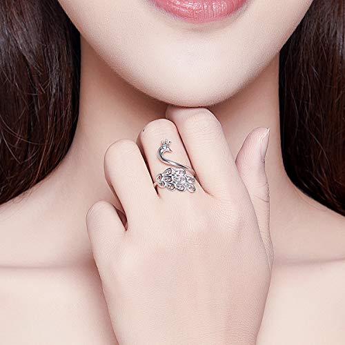 Dainty Peacock Sterling Silver Open Wrap Rings for Women Adjustable Elegant Animal Bule Crystal Cuff Finger Eternity Ring Expandable Band Jewelry Gifts