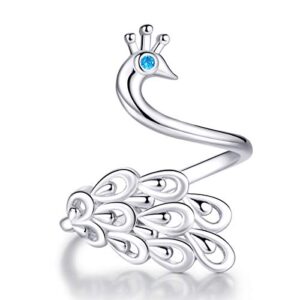 Dainty Peacock Sterling Silver Open Wrap Rings for Women Adjustable Elegant Animal Bule Crystal Cuff Finger Eternity Ring Expandable Band Jewelry Gifts