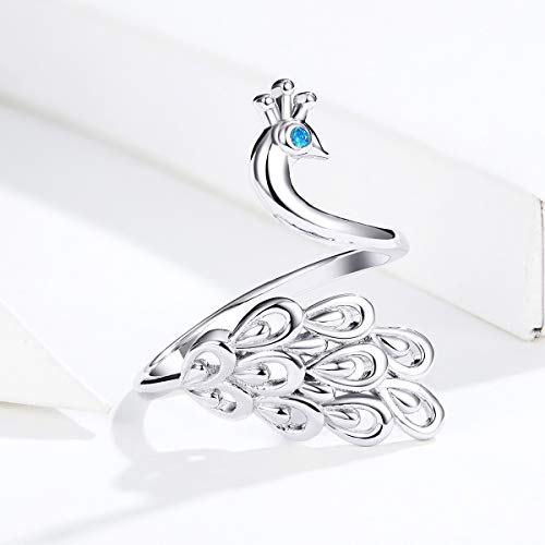 Dainty Peacock Sterling Silver Open Wrap Rings for Women Adjustable Elegant Animal Bule Crystal Cuff Finger Eternity Ring Expandable Band Jewelry Gifts