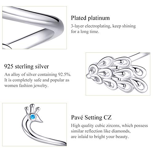 Dainty Peacock Sterling Silver Open Wrap Rings for Women Adjustable Elegant Animal Bule Crystal Cuff Finger Eternity Ring Expandable Band Jewelry Gifts