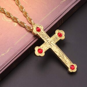 Religious Jesus Crucifix Jeweled Necklace - 18k Gold Plated Jeweled Pectoral Cross Necklace Zircons Crystals Christian Church Golden Priest Crucifix Orthodox Jewelry Baptism Gift Religious Icons (B)