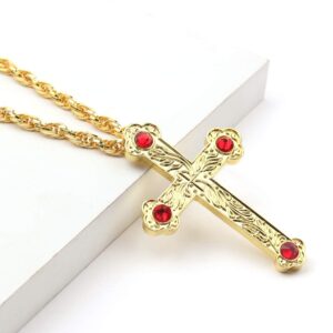 Religious Jesus Crucifix Jeweled Necklace - 18k Gold Plated Jeweled Pectoral Cross Necklace Zircons Crystals Christian Church Golden Priest Crucifix Orthodox Jewelry Baptism Gift Religious Icons (B)