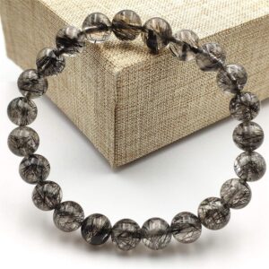 Natural Black Rutilated Quartz Crystal Round Beads Women Men Bracelet 8mm AAAA