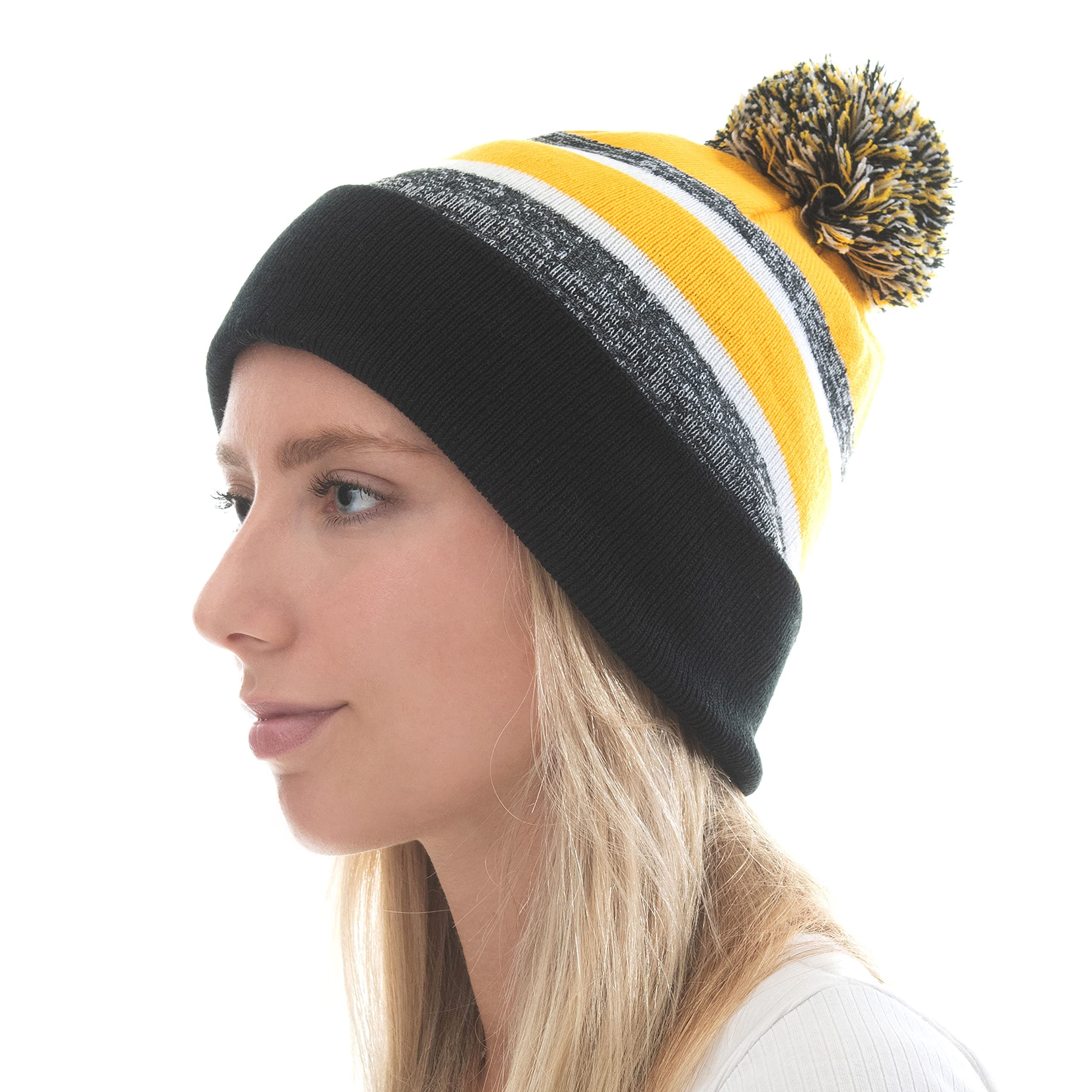 The Hat Depot Winter Soft Unisex Cuff Pom Pom Stripe Knit Beanie Skull Slouch Hat (Black and Gold with Pom)