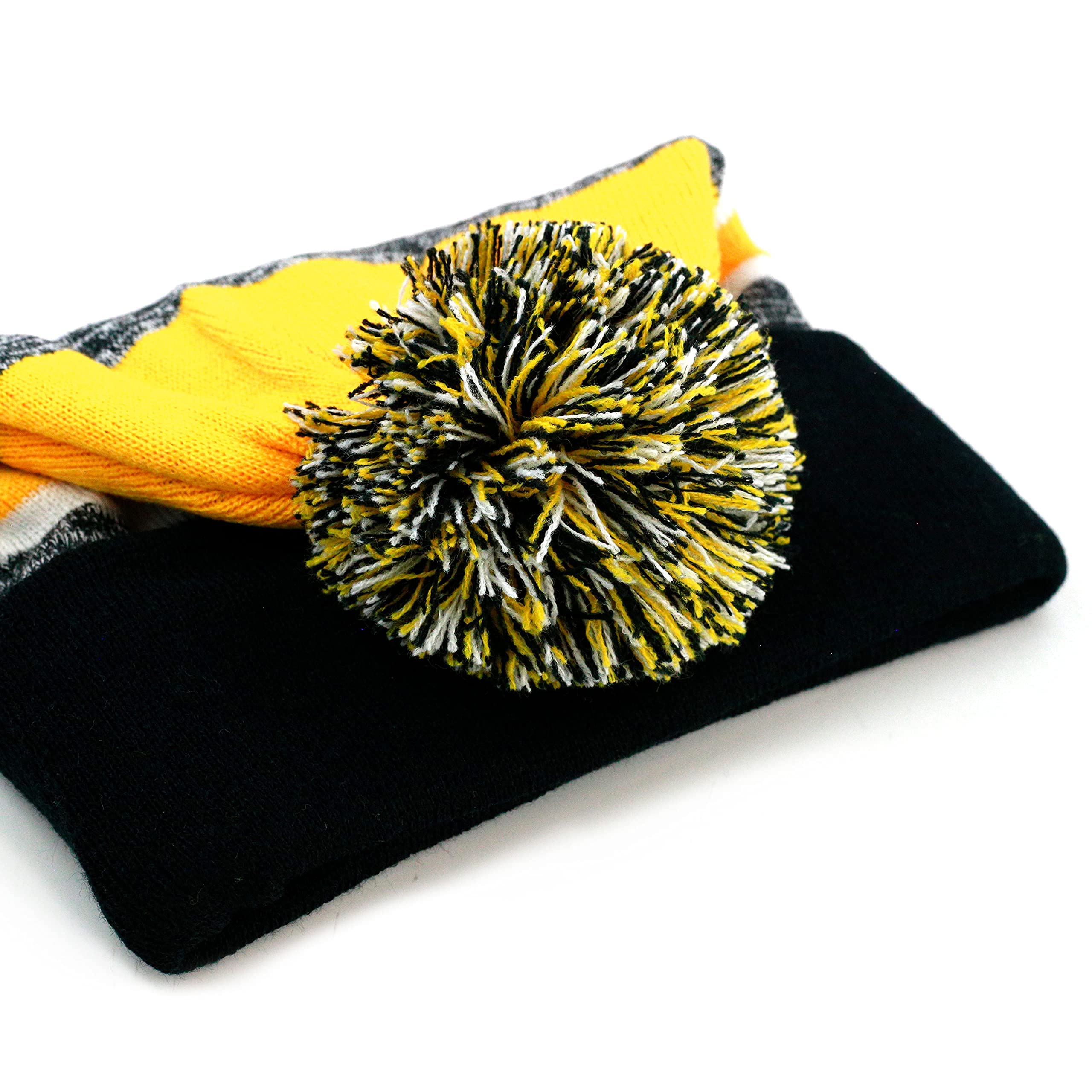 The Hat Depot Winter Soft Unisex Cuff Pom Pom Stripe Knit Beanie Skull Slouch Hat (Black and Gold with Pom)