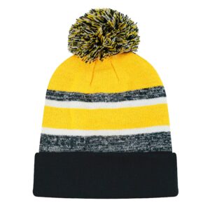 The Hat Depot Winter Soft Unisex Cuff Pom Pom Stripe Knit Beanie Skull Slouch Hat (Black and Gold with Pom)