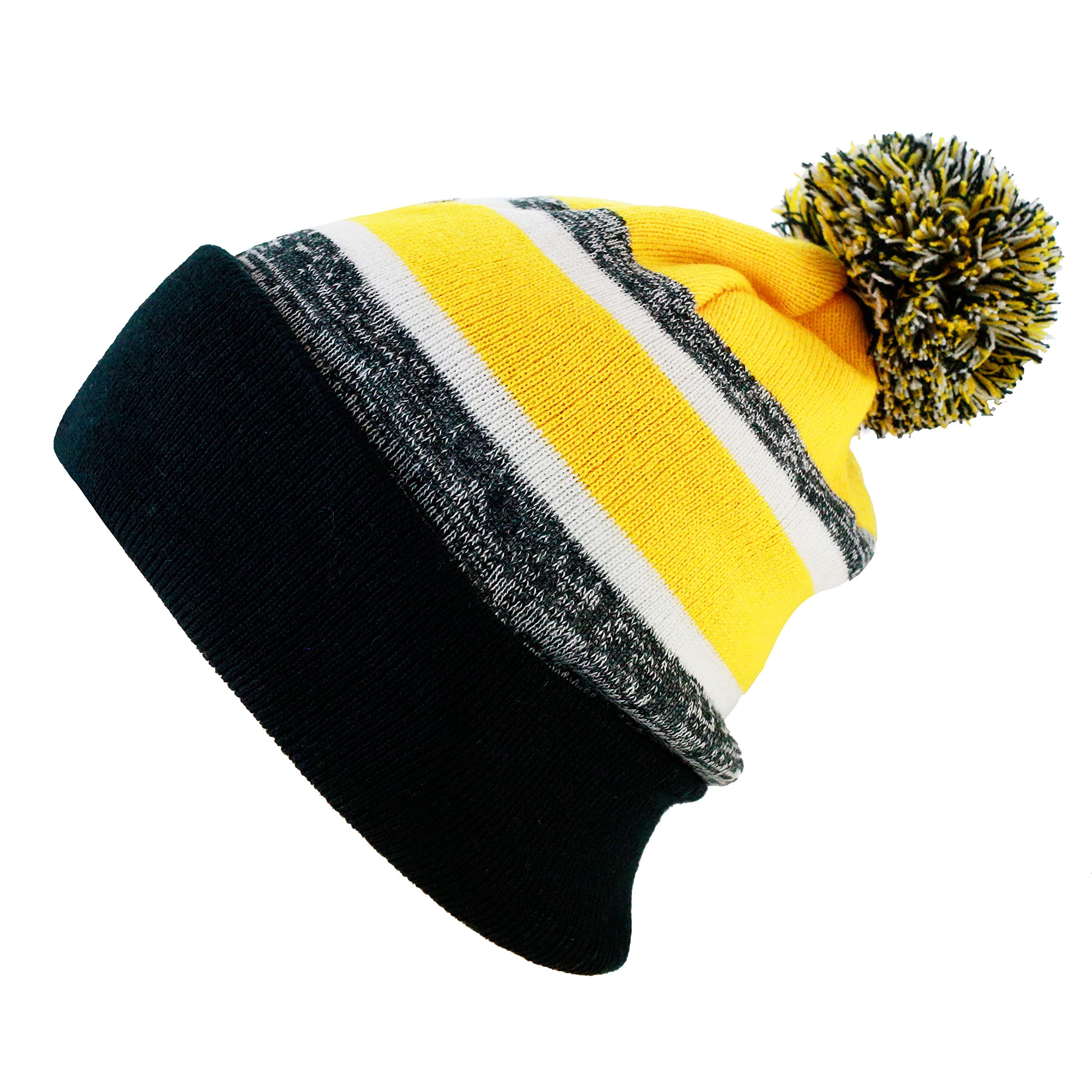 The Hat Depot Winter Soft Unisex Cuff Pom Pom Stripe Knit Beanie Skull Slouch Hat (Black and Gold with Pom)