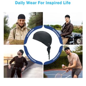 Black Doo Rags Sweat Wicking Beanie Cooling Helmet Liner Large Do Rags Skull Caps Head Wraps Dew Rags Hat for Men and Women (Black Pack)