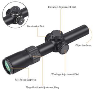 Feyachi Tactical Optics Falcon 1-4x24 SFP Rifle Scope Red Illuminated Starburst Reticle Riflescopes for Hunting Shooting, 30mm (1.2") Tube Matte Black