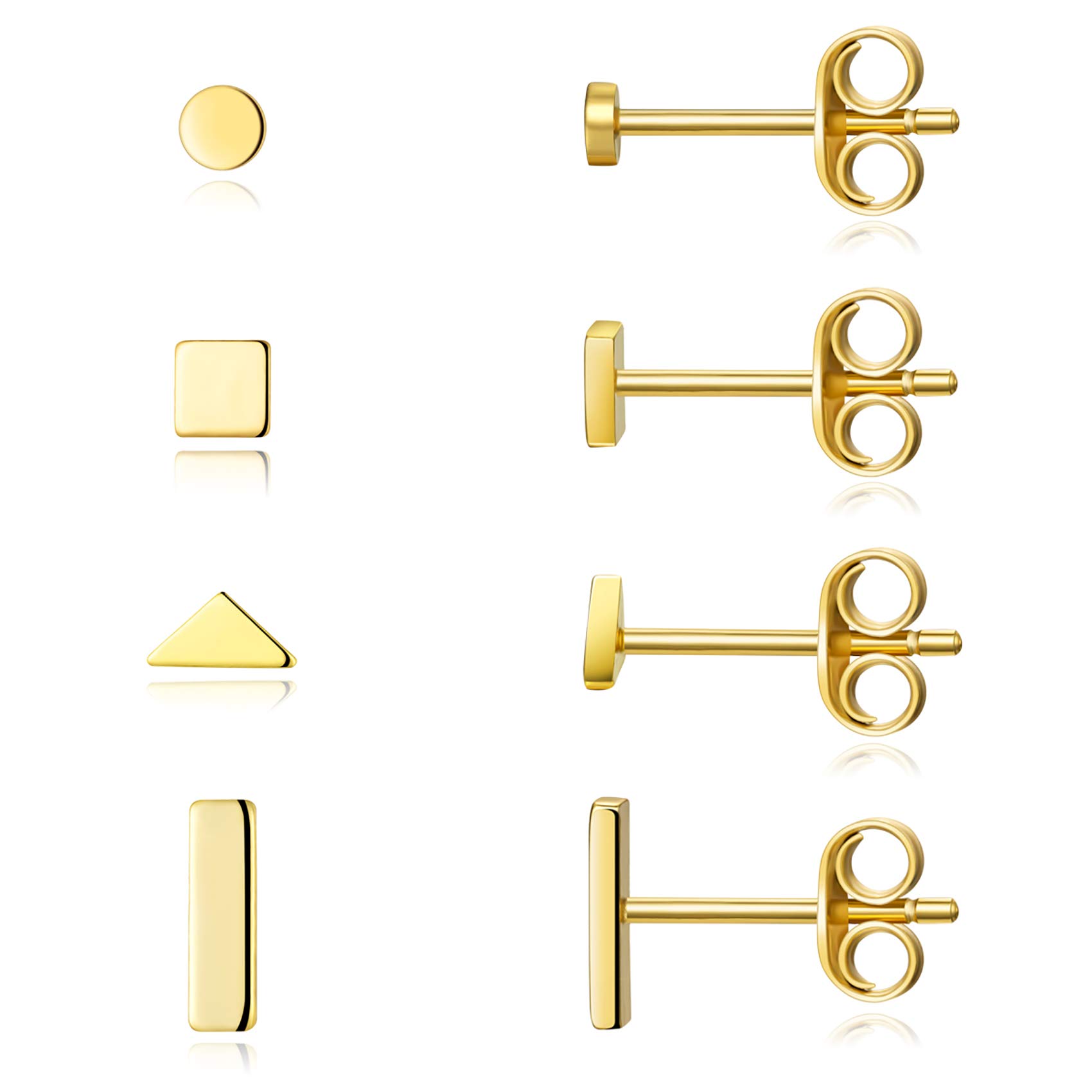 Sterling Silver Stud Earrings for Women Men- 4 Pairs of Hypoallergenic Simple Geometric Small Stud Earring Set Tiny Circle Triangle Square Bar Stud Earrings Mini Cartilage Tragus Earrings(Gold)