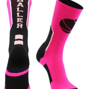 MadSportsStuff Baller Basketball Logo Crew Socks (Neon Pink/Black, Medium)