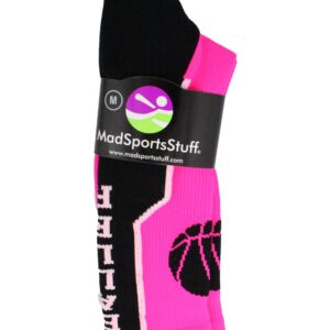 MadSportsStuff Baller Basketball Logo Crew Socks (Neon Pink/Black, Medium)