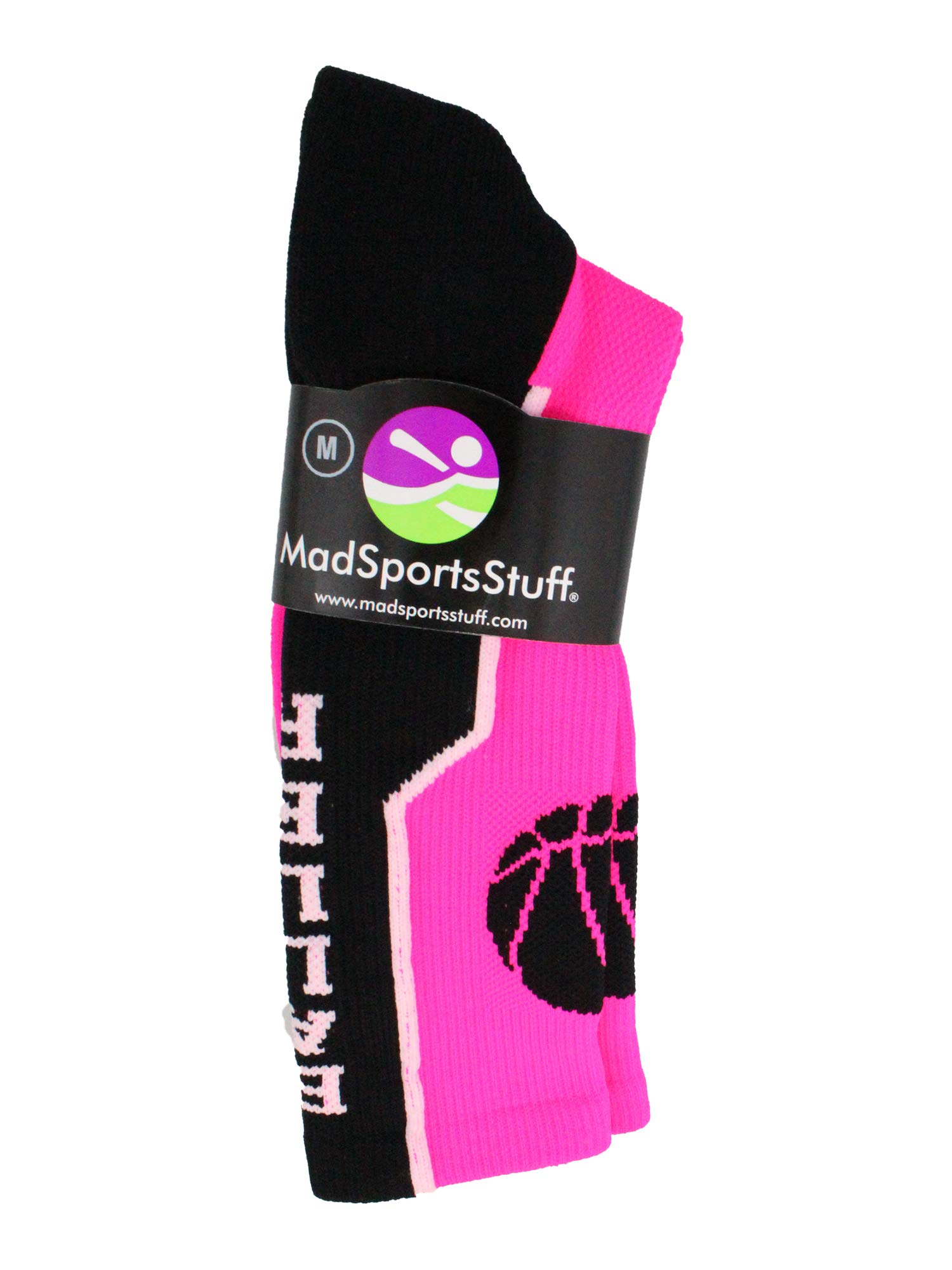 MadSportsStuff Baller Basketball Logo Crew Socks (Neon Pink/Black, Medium)