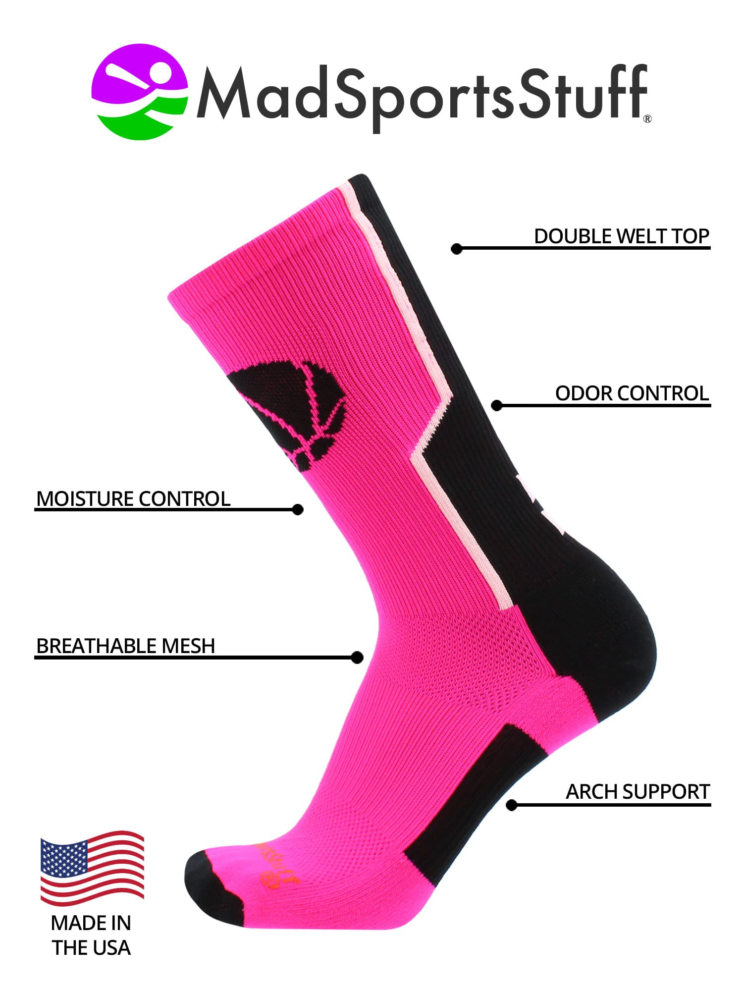 MadSportsStuff Baller Basketball Logo Crew Socks (Neon Pink/Black, Medium)