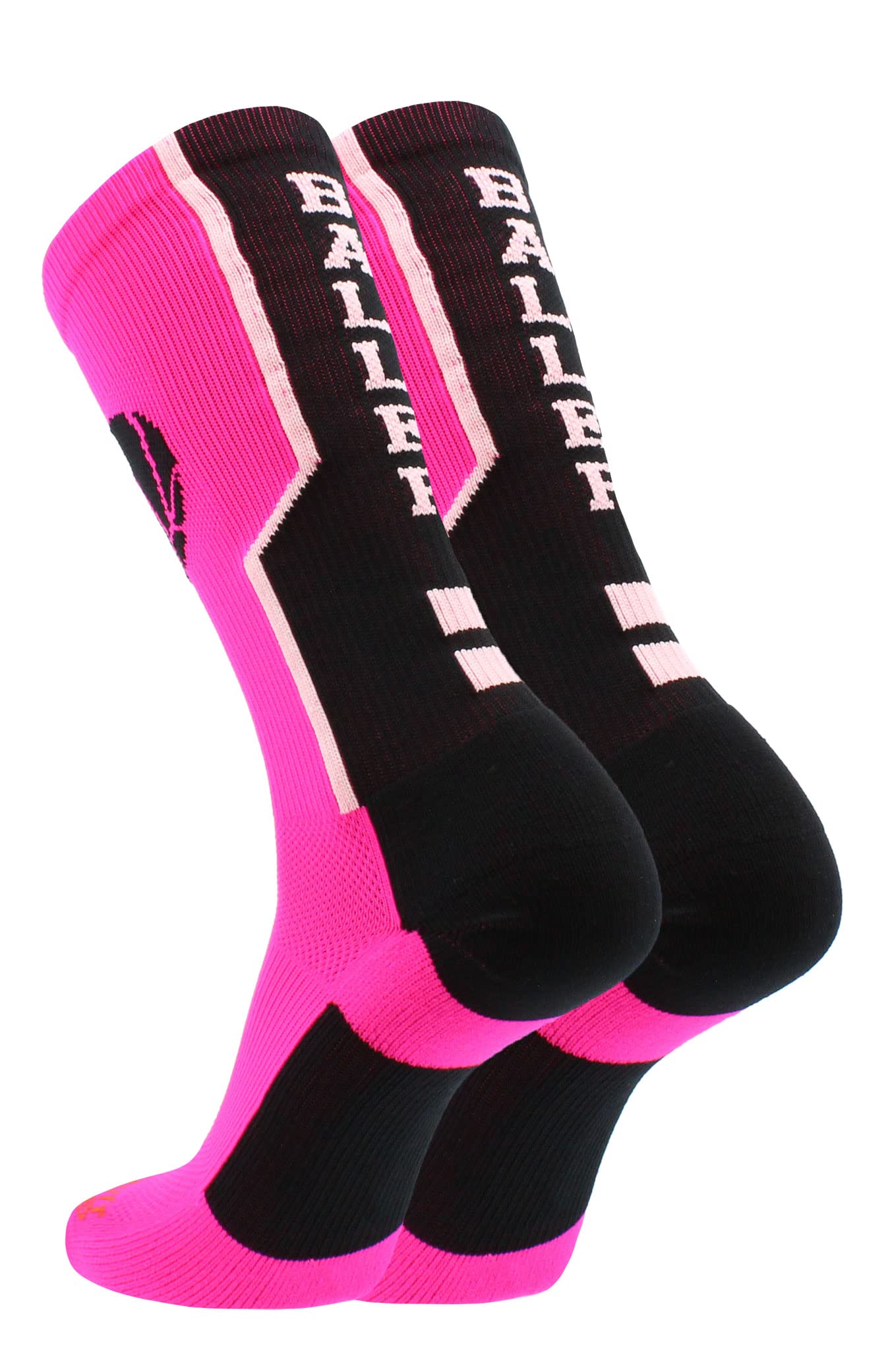 MadSportsStuff Baller Basketball Logo Crew Socks (Neon Pink/Black, Medium)