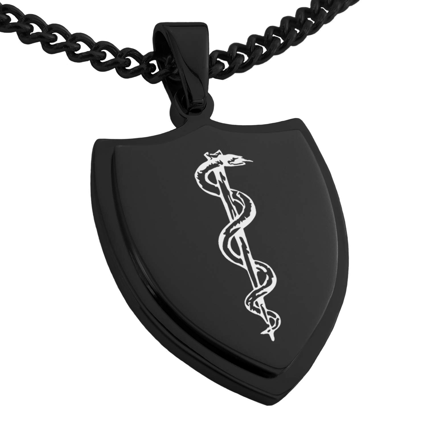 Tioneer Black Stainless Steel Rod of Asclepius Shield Pendant Necklace