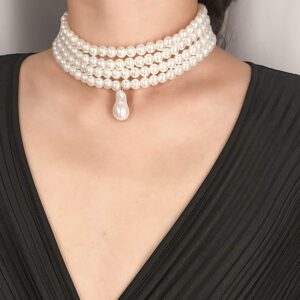 Daimay Simulated Pearl Chokers Multi-Layer Pearl Necklace Multi-Strand Pearl Statement Bridal Choker Necklace for Wedding Party Jewelry 20s Flapper Necklace for Party-Round L Size