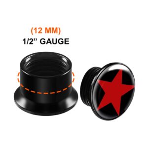 KJM Fashion 2PCS Acrylic Internally Black 1/2 inch 12mm Flesh Red Star Ear Stretcher Gauge Tunnel Plug Lobe Earring Piercing Jewelry 5487