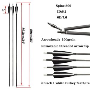 AMEYXGS 34Inch Archery Carbon Arrows Hunting Arrows Target Practice Arrows Spine 500 with Turkey Feather and Arrow Quiver for Recurve and Compound Bow (6pcs)