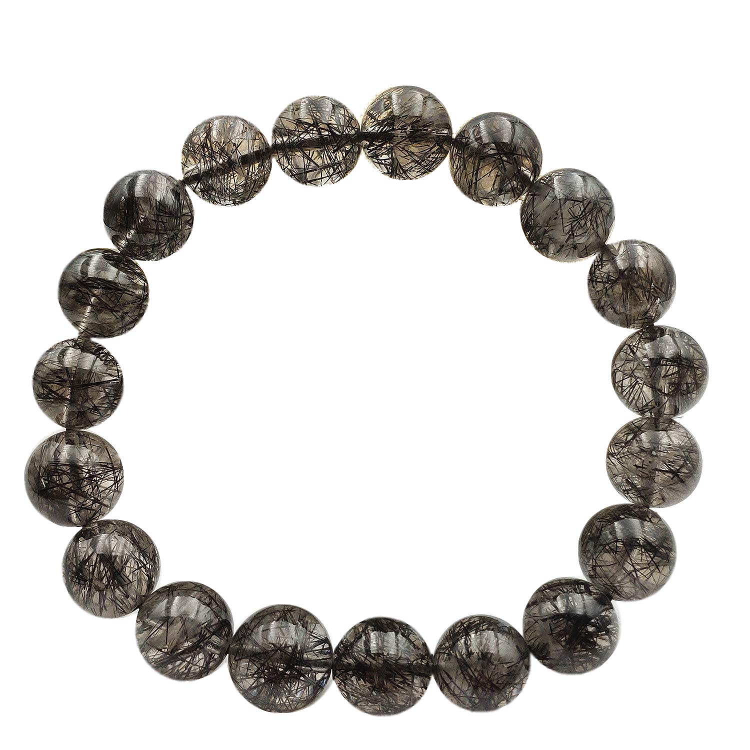 Muko Gemstone 11mm Natural Black Rutilated Quartz Crystal Clear Round Beads Women Men Bracelet AAAA