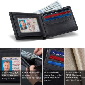 SERMAN BRANDS 2 ID Window Wallet for Men RFID Blocking Leather, Bifold Top Flip, Extra Capacity Travel Wallet (Charcoal Black Executive)