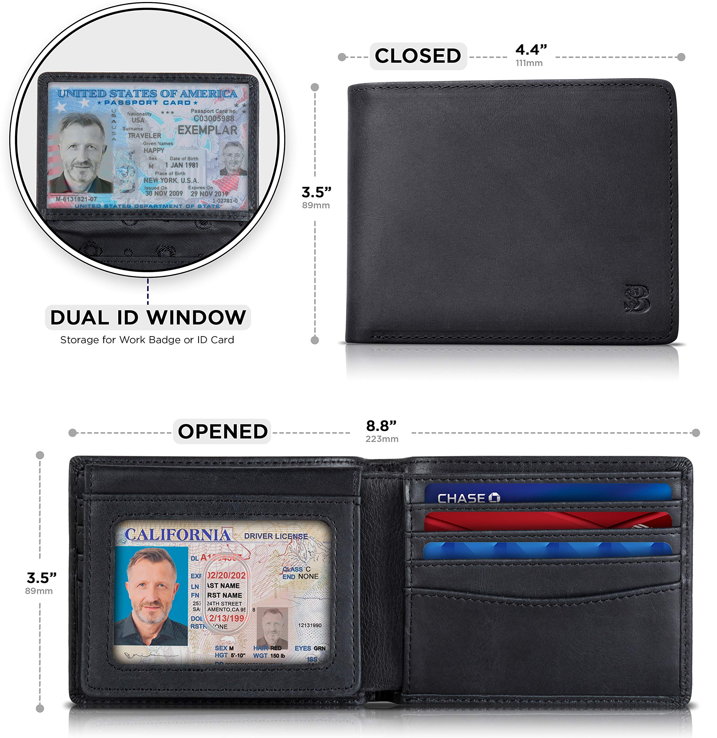 SERMAN BRANDS 2 ID Window Wallet for Men RFID Blocking Leather, Bifold Top Flip, Extra Capacity Travel Wallet (Charcoal Black Executive)