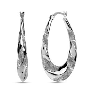 LeCalla Sterling Silver Hoop Earrings High Polish Matte-Finish Textured Shrimp Classic Oval Hoops Earring for Women - 38MM