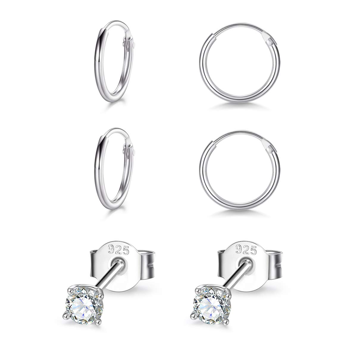 EPIRORA Sterling Silver Stud Earrings Small Cartilage Hoop Earrings for Women Men- 3 Pairs of Hypoallergenic Tiny Earring Set, Including 1 pair of 3mm Cubic Zirconia Earrings & 2 Pairs of 10mm Hoops