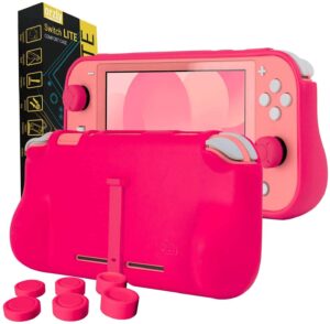 orzly grip case compatible for use with nintendo switch lite – case with comfort padded hand grips, kickstand, & pack of thumb grips - pink