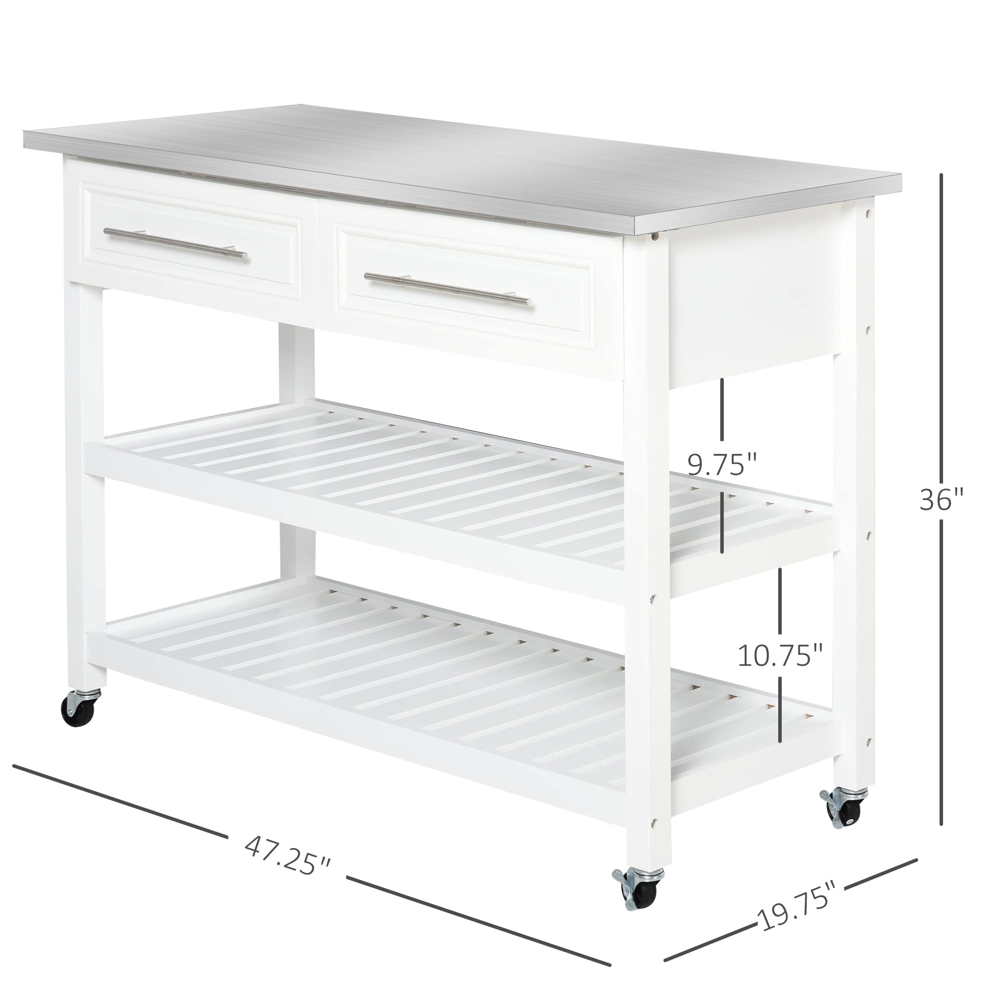 HOMCOM Kitchen Island Rolling Utility Trolley Cart with 2 Drawers Stainless Steel Top - White