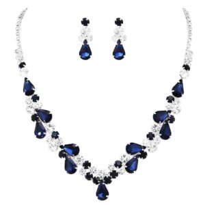 Rosemarie Collections Women's Rhinestone Crystal Teardrop Statement Necklace Drop Earrings Set, 15"+6" Extender (Montana Blue Silver Tone)