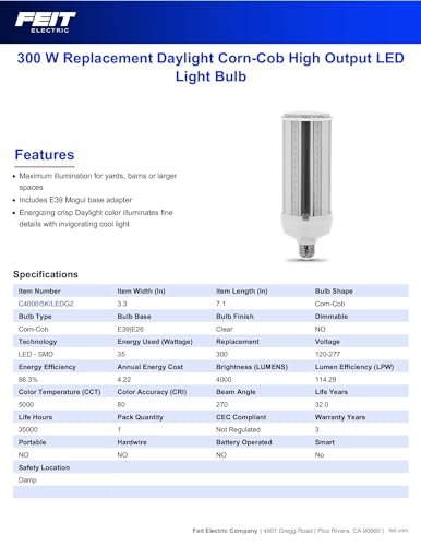 Feit Electric C4000/5K/LEDG2 300W Equivalent Mini Corn Bulb, Corn Cob High Output LED Light Bulb, E26 Base, 5000K Daylight, 3” x 3” x 7”