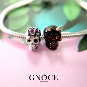 GNOCE [2 Pack] "Classic Skull Set" Charm Set Sterling Silver with Rhodium Plated Black Devil Skull Spider Web Skull Combination Charm Bead Fit Bracelet/Necklace Halloween Jewelry Gift for Women Mens