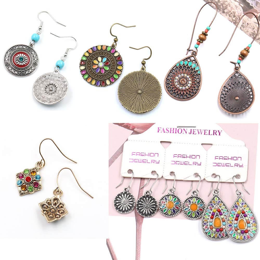 7 Pairs Vintage Bohemian Earrings Set National Retro Rhinestone Ear Stud Eardrop Drop Dangle Earrings Statement Earrings Long Boho Earrings for Women