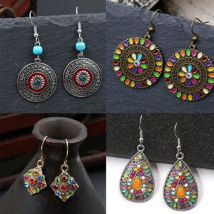 7 Pairs Vintage Bohemian Earrings Set National Retro Rhinestone Ear Stud Eardrop Drop Dangle Earrings Statement Earrings Long Boho Earrings for Women