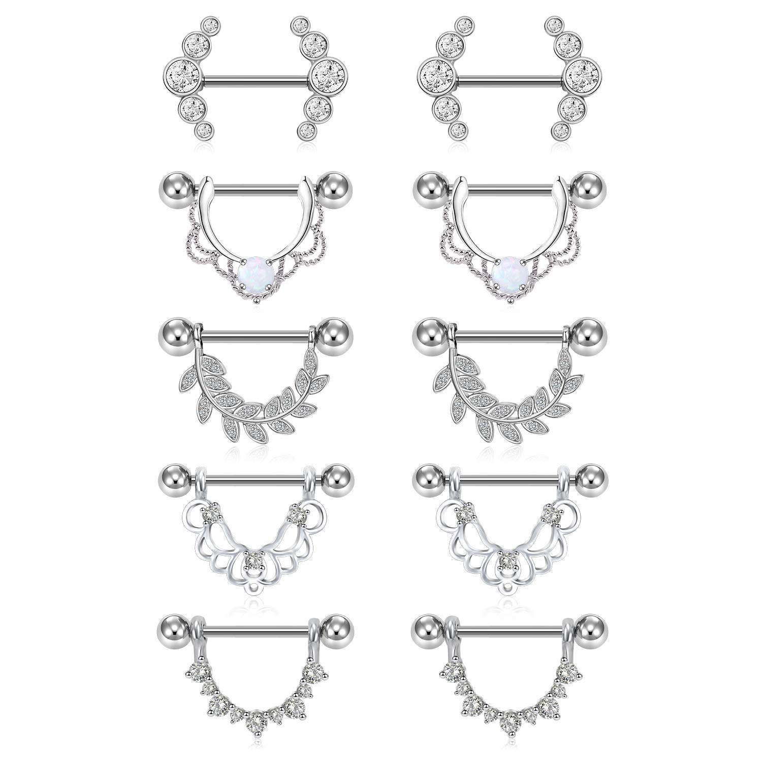 D.Bella 14G Nipple Rings Opal CZ Nipplerings Piercing Stainless Steel Nipple Straight Piercing Barbell for Women 5pairs