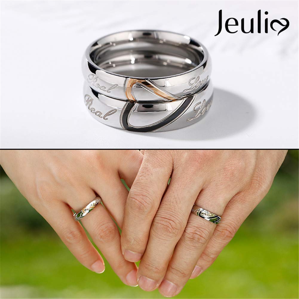 Jeulia Sterling Silver Band for Women Heart Shape Two Tone Angel Wing Fingerprint Inlay Rings Couples Wedding Engagement Promise Jewelry with Gifts Box (Heart2, 5)