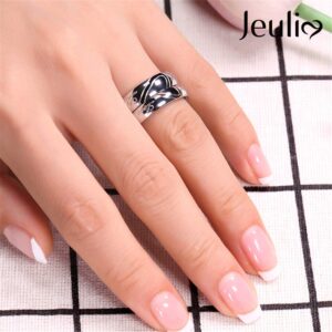 Jeulia Sterling Silver Band for Women Heart Shape Two Tone Angel Wing Fingerprint Inlay Rings Couples Wedding Engagement Promise Jewelry with Gifts Box (Heart2, 5)