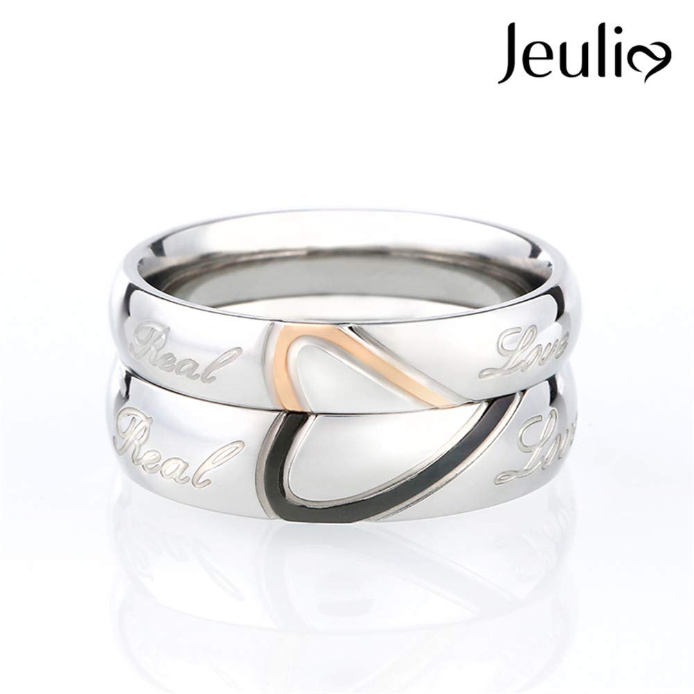 Jeulia Sterling Silver Band for Women Heart Shape Two Tone Angel Wing Fingerprint Inlay Rings Couples Wedding Engagement Promise Jewelry with Gifts Box (Heart2, 5)