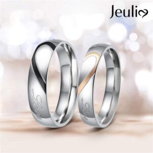 Jeulia Sterling Silver Band for Women Heart Shape Two Tone Angel Wing Fingerprint Inlay Rings Couples Wedding Engagement Promise Jewelry with Gifts Box (Heart2, 5)