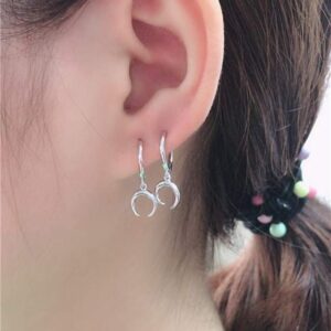 Tiny Moon Dangle Hoop Earrings for Women Girls S925 Sterling Silver Charms Hoops Crescent Half Moon Horn Drop Tiny Cuff Cartilage Helix Minimalist Polished Earrings Fashion Jewelry (Silver)