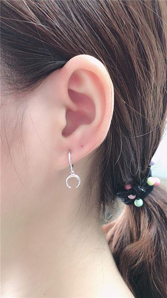 Tiny Moon Dangle Hoop Earrings for Women Girls S925 Sterling Silver Charms Hoops Crescent Half Moon Horn Drop Tiny Cuff Cartilage Helix Minimalist Polished Earrings Fashion Jewelry (Silver)