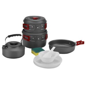 bulin 13pcs camping cookware mess kit, nonstick backpacking cooking set, outdoor cook gear for family hiking, picnic lightweight cookware sets(kettle, pots, frying pan, bpa-free bowls, plates, spoon)