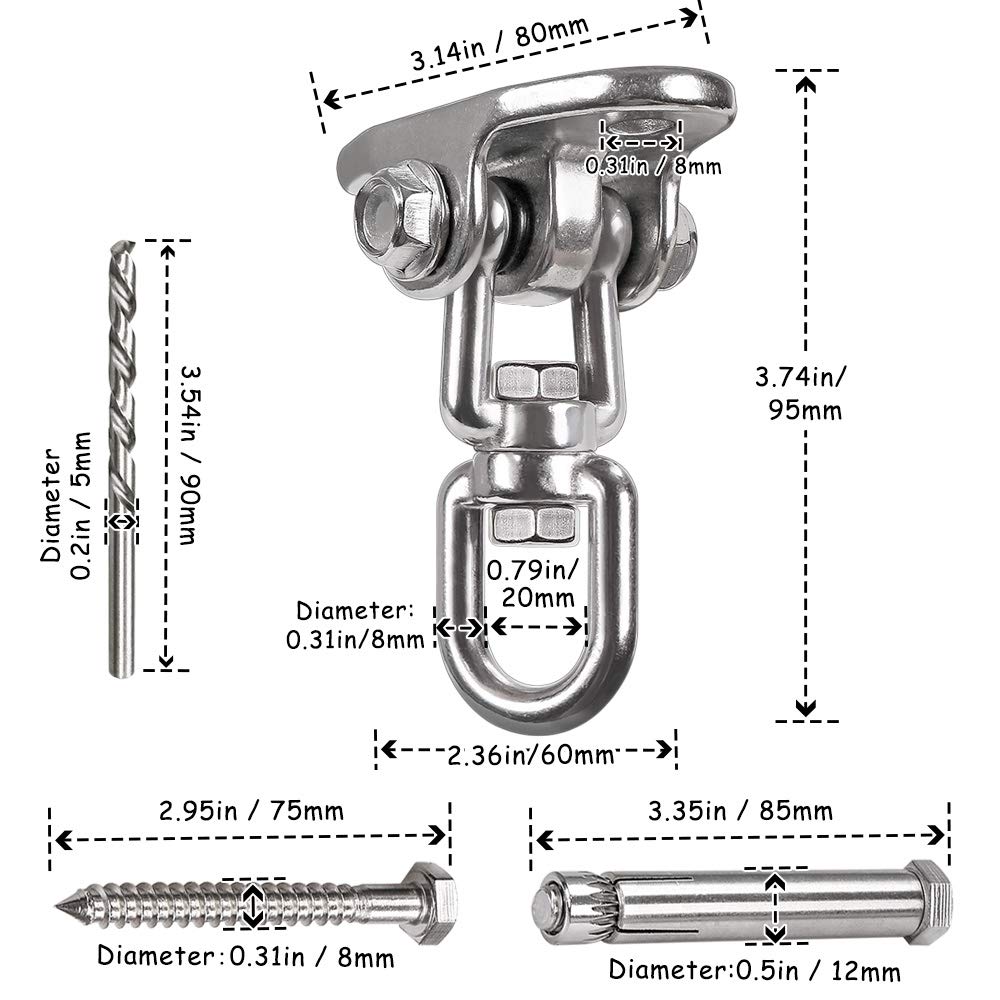 IOH Heavy Duty Swing Hangers Stainless Steel 304, Double Protection Design,【2000 lb Capacity】 360° Rotation, Playground Porch Yoga Seat Trapeze, Hammock Chair, Swing Set Indoor Outdoor