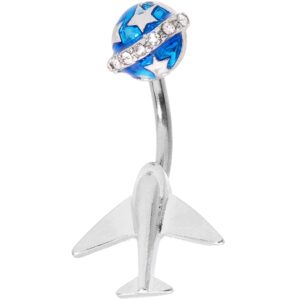 Body Candy Womens 14G Stainless Steel Navel Ring Piercing Blue World Traveler Airplane Belly Button Ring