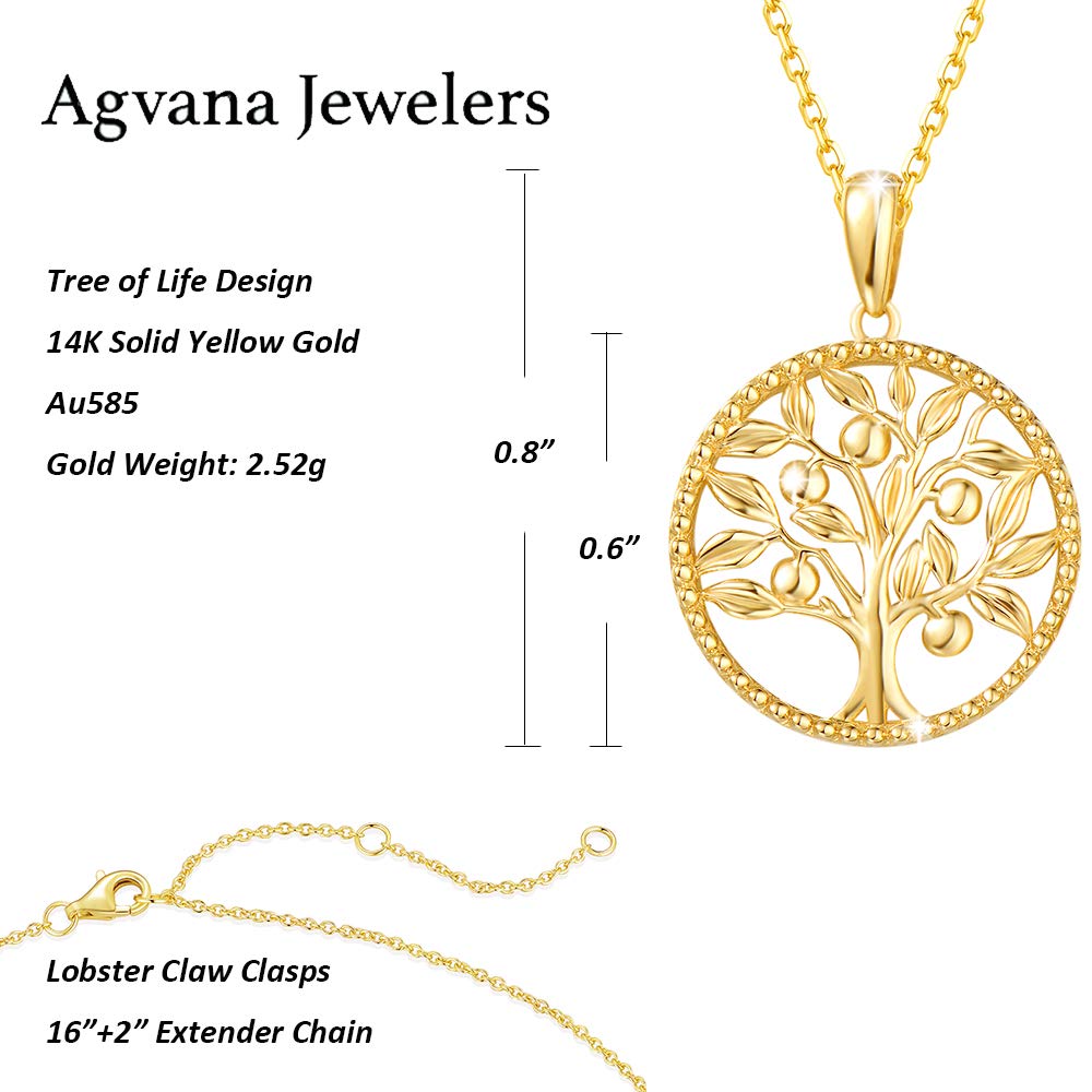 Agvana 14K Solid Real Gold Tree of Life Necklace for Women Dainty Pendant Necklace Fine Jewelry Birthday Gifts for Women Mom Wife Her Yourself, 16"+2"