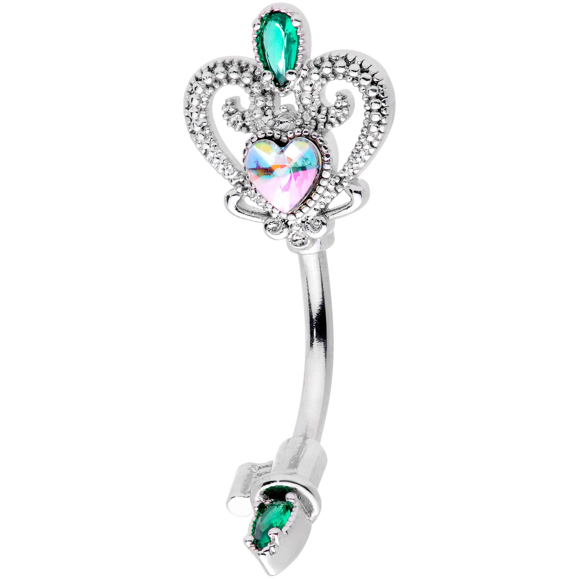 Body Candy 14G 316L Steel Navel Ring Piercing Green Accent Queen Heart Key Double Mount Belly Button Ring